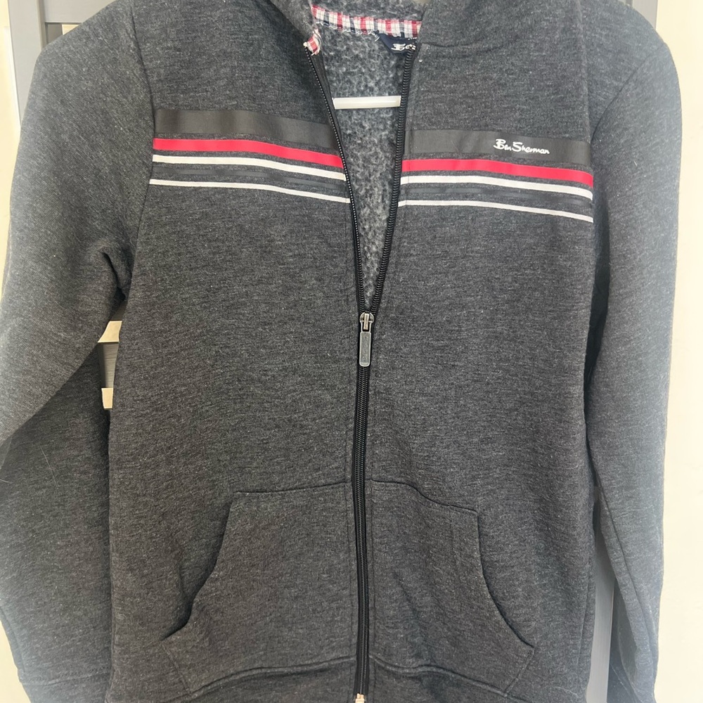 Ben Sherman Gray Heather Hoodie with Red & Navy Plaid Trim